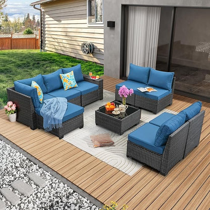 JOYURE 9 Pieces Patio Furniture Set All-Weather Outdoor Wicker Sectional Conversation Sofa Rattan Patio Seating Sofa with Cushion and Glass Table for Porch Poolside,Peacock Blue