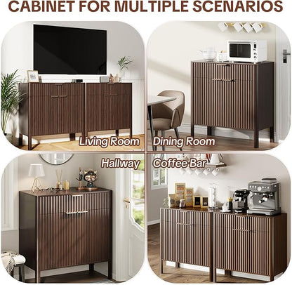 Fluted Buffet Cabinet with Storage - Modern Sideboard Accent Credenza with Doors & Drawer Wood Console Coffee Table Bar Counter for Living Room Kitchen Dining Room Entryway, Easy Assembly 31" Walnut