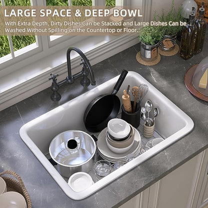 GETPRO White Undermount Kitchen Sink 32 inch Fireclay Farm Sink Drop in 32X19 Dual Mount Farmhouse Single Bowl Topmount Deep Basin with Accessory Easy to Clean for Bar, Kitchen, Laundry