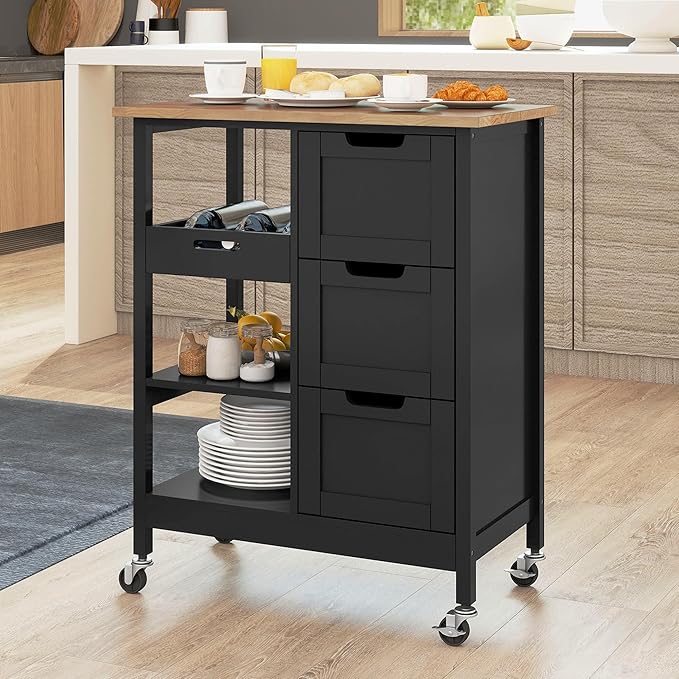DWVO Solid Wood Top Rolling Kitchen Island Cart, 3 Tier Mobile Kitchen Storage Island Cart with 3 Drawers and 3 Opening Storage Shelves for Kitchen & Dining Area, Black
