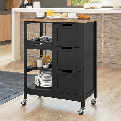 DWVO Solid Wood Top Rolling Kitchen Island Cart, 3 Tier Mobile Kitchen Storage Island Cart with 3 Drawers and 3 Opening Storage Shelves for Kitchen & Dining Area, Black