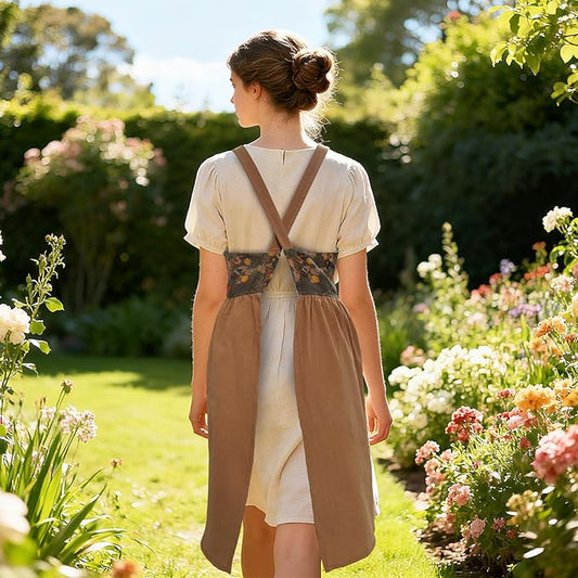 Cityelf Vintage Pinafore Apron Dress Snap Adjust Linen Cotton with Pockets Floral Aprons for Cooking Gardening