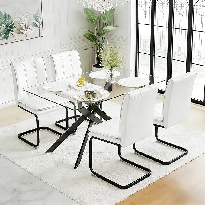51.18" Rectangular Glass Dining Table, Tempered Glass Small Kitchen Table with Metal Tubular Legs, Stylish and Sturdy Clear Dinner Table for Home and Outdoor