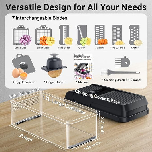SpaceHacks 12-in-1 Vegetable Chopper, Kitchen Gadgets with 7 Blades, Veggie, Food, Onion Chopper, Cucumber Slicer, Versatile Mandoline, Includes Egg Separator & Finger Guard, Gray