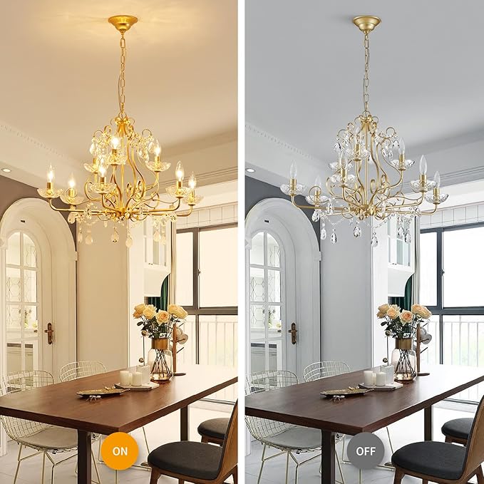 WUZUPS 9-Light Crystal Candle Chandelier Pendant Flushmount Ceiling Light Modern Lighting Fixture for Bedroom Hallway Bar Kitchen Bathroom, H 18.1" x W 25.6", Gold, E12 Base