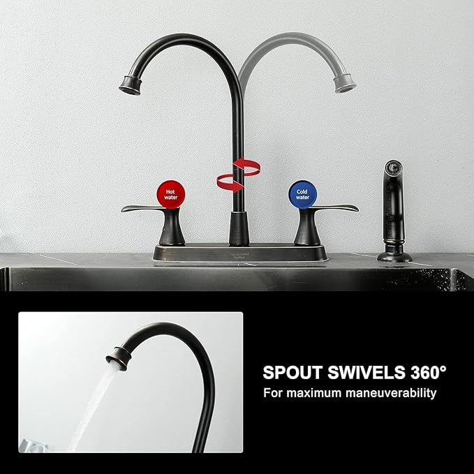 Oil-Rubbed-Bronze Kitchen Faucet with Side Sprayer, Bronze 2-Handle Faucet for 4 Holes Kitchen Sink