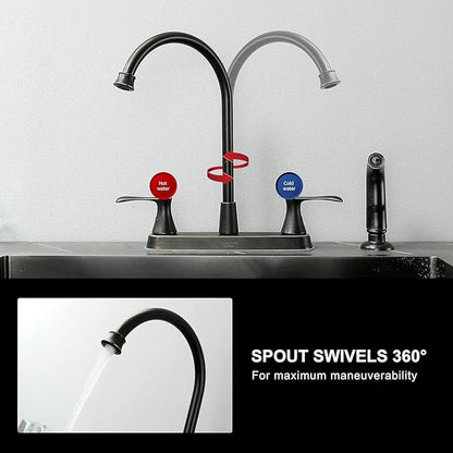 Oil-Rubbed-Bronze Kitchen Faucet with Side Sprayer, Bronze 2-Handle Faucet for 4 Holes Kitchen Sink