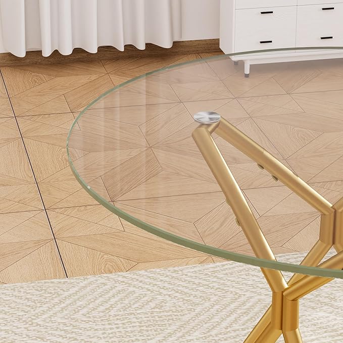 Glass Dining Table,35.4'' Round Dining Kitchen Table,Modern Dining Room Table with Gold Metal Base for Dining Room (Gold,35.4'')