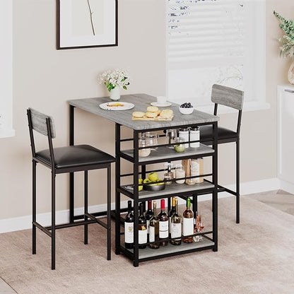 TrailBlaze Compact 3-Piece Dining Table Set for 2 with 3 Storage Shelves, Upholstered Chairs - Space-Saving Kitchen & Bar Table - Perfect for Apartment or Small Dining Room - Rustic Grey - 1+2 Set