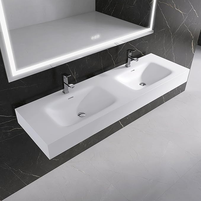 Wall Mount Double Bathroom Sink 59"L x 18"W x 5"H, Resin Stone Floating Sink with Facuet Holes, Rectangle Countertop Freestanding Vessel Sinks (Double Holes 59'')