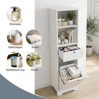 Casaphoria 55 Inch Tall Laundry Sorter Cabinet, Narrow Bathroom Storage Cabinet with Tilt-Out Hamper and Drawer, Freestanding Space-Saving Organizer for Laundry Room, White