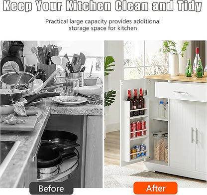 53 inch Large Kitchen Island Cart with Trash Can Storage Cabinet,Drawer and Adjustable Shelves,Breakfast Bar Cabinet for 13 Gallon Garbage Bin (White+Oak@w)