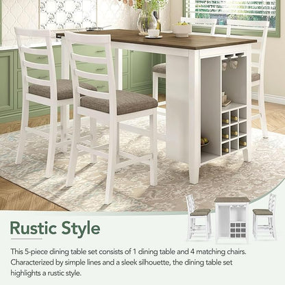 5-Piece Multi-Functional Counter Height Dining Table with 4 Chairs, Kitchen Table Set for 4, Rustic Style Dining Room Table Set with Bar Wine Compartment and Wineglass Holders, Brown + White Wash