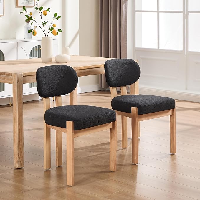 Chenille Dining Chairs Set of 2, Comfy Upholstered Dining Room Chairs Mid Century Modern Farmhouse Fabric Kitchen Chairs with Rubber Wood Legs for Dining Room Kitchen Island Home (Black)