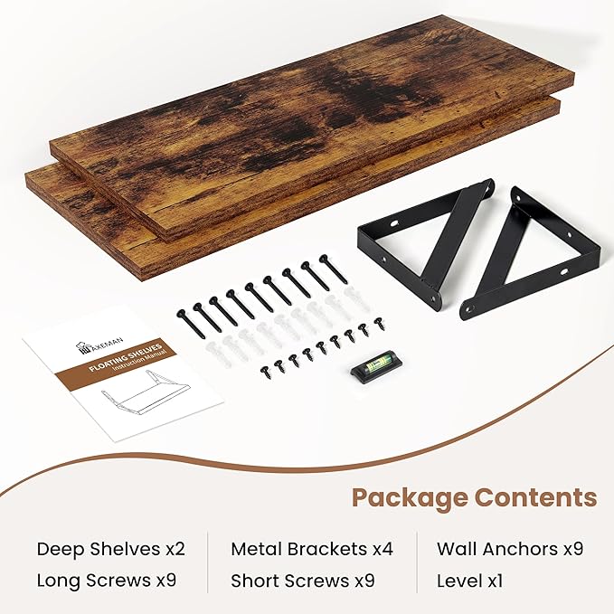 Axeman 20 Inch Floating Shelves | 8 Inch Deep Brown Wall Shelves Set of 2 | 20''W x 8''D Rustic Brown Wood Shelves for Bathroom Living Room Bedroom Kitchen