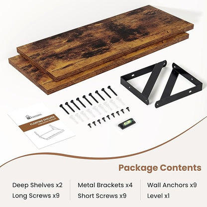 Axeman 20 Inch Floating Shelves | 8 Inch Deep Brown Wall Shelves Set of 2 | 20''W x 8''D Rustic Brown Wood Shelves for Bathroom Living Room Bedroom Kitchen