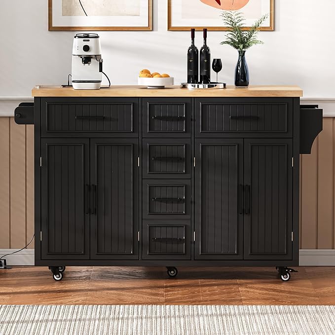 Kitchen Island with Drop Leaf,Power Outlet, Embossed Vertical Stripe Rolling on Wheels with 4 Doors,5 Deep Drawers and Adjustable Shelves,Dining Room (Black@94)