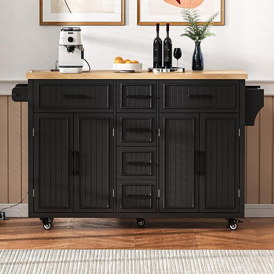 Kitchen Island with Drop Leaf,Power Outlet, Embossed Vertical Stripe Rolling on Wheels with 4 Doors,5 Deep Drawers and Adjustable Shelves,Dining Room (Black@94)