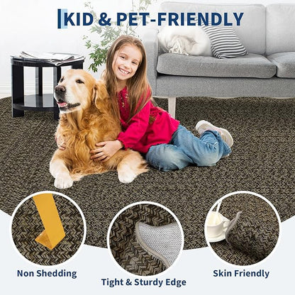 Imitation Braided Collection-Print Scalloped Area Rug 5x7 Washable Rug with Non Slip Rubber Backing Non Shedding Farmhouse Floor Cover, Ultra-Thin Foldable Carpet for Bedroom, Living Room