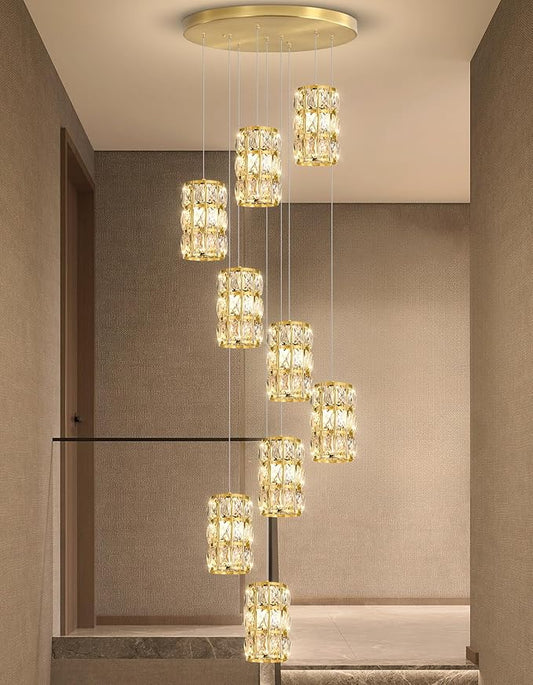 9-Lights Modern Crystal LED Dimmable for Staircase Foyer High Ceiling Chandeliers Hallway Gold