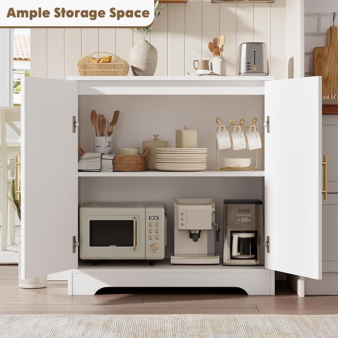 GarveeHome Sideboard Buffet Cabinet - Credenza Storage with 2 Rattan Doors and Shelves, Modern Console Table Accent Coffee Bar Cabinet for Living Room, Kitchen, Hallway, Dining Room, Entryway, White