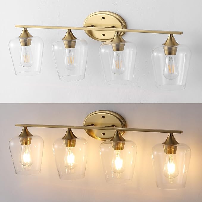 JONATHAN Y 32" Brass Gold 4-Light Farmhouse Rustic LED Vanity Light Sconce, Clear Glass Shade, Vintage Indoor Fixture for Bathroom Mirror, LED Bulb Included (JYL7548B)