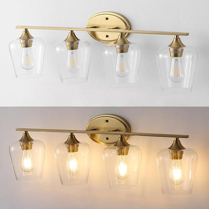 JONATHAN Y 32" Brass Gold 4-Light Farmhouse Rustic LED Vanity Light Sconce, Clear Glass Shade, Vintage Indoor Fixture for Bathroom Mirror, LED Bulb Included (JYL7548B)