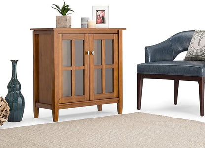 SIMPLIHOME Warm Shaker Storage Cabinet - 32 inch Wide Solid Wood 2-Shelf Low Storage Cabinet in Light Golden Brown, Transitional Accent Cabinet for Entryway with Tempered Glass Doors and Shelves