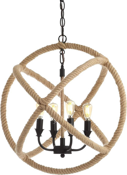 JONATHAN Y 20" Black/Brown 4-Light Iron and Rope Globe Pendant Light, Adjustable Height Coastal Farmhouse Chandelier for Kitchen Island Dining Room, LED Bulbs Included JYL9041A
