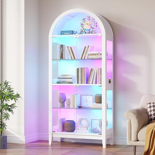 HNEBC Arched Book Shelf with Glass Doors, LED Bookcase with RGB Lights, 5 Tier Cabinet Has 9-Cube Storage, 69" Display Cabinet for Living Room,Bedroom(White)