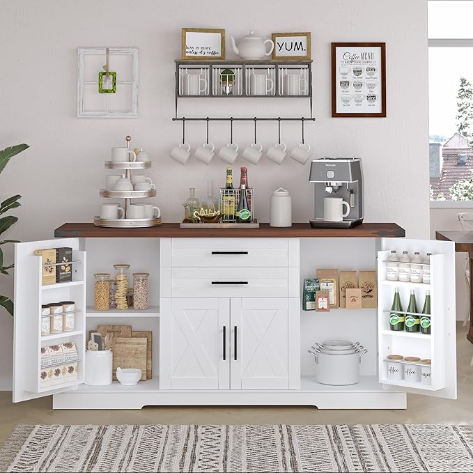 Buffet Cabinet with Storage, 63" Large Sideboard Storage Cabinet with Drawer, 4 Doors and Shelves, Modern Farmhouse Coffee Bar Table Kitchen Island Credenza for Kitchen, Dining, Living Room (White)