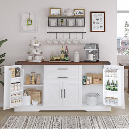 Buffet Cabinet with Storage, 63" Large Sideboard Storage Cabinet with Drawer, 4 Doors and Shelves, Modern Farmhouse Coffee Bar Table Kitchen Island Credenza for Kitchen, Dining, Living Room (White)