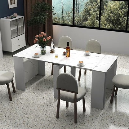 118.11" to 20.08" White Marble Extendable Dining Table for 10-12, 2 in 1 Expandable Dining Room Table MDF Modern Multifunctional Console Table for Living Room, Kitchen Small Space