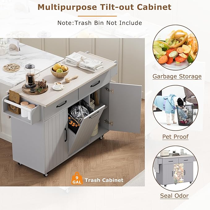 Ball & Cast Kitchen Island with Trash Can Storage Cabinet,Kitchen Cart W/Drop Leaf,Spice Rack,Towel Rack and Drawers,Rolling Kitchen Islands on Wheels W/Adjustable Shelf for Dining Room,Grey