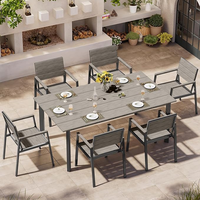 Outdoor Dining Set for 6, Aluminum Patio Table and Chairs Set with Umbrella Hole, 7 Piece HDPS Outdoor Furniture Sets for Patio, Garden (Gray)