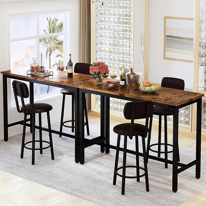 AWQM 47.2"" Pub Height Table Set for 4,Kitchen Dining Set with 2 Bar Table Table and 4 PU Leather Stools with Backrest,for Breakfast Nook,Living Room,Small Space,Bar,Rustic Brown & Brown, APHT-2