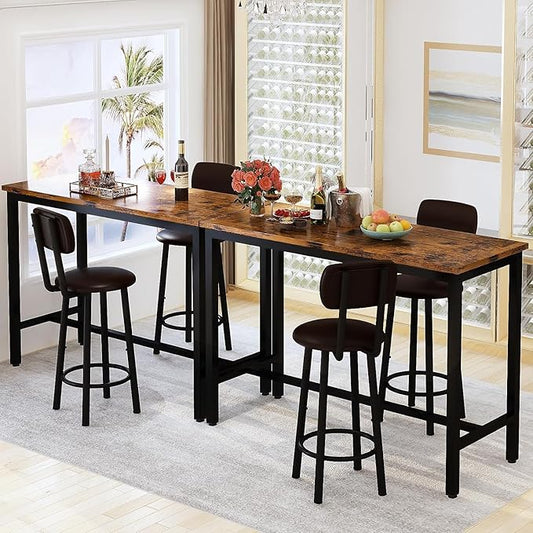 AWQM 47.2"" Pub Height Table Set for 4,Kitchen Dining Set with 2 Bar Table Table and 4 PU Leather Stools with Backrest,for Breakfast Nook,Living Room,Small Space,Bar,Rustic Brown & Brown, APHT-2