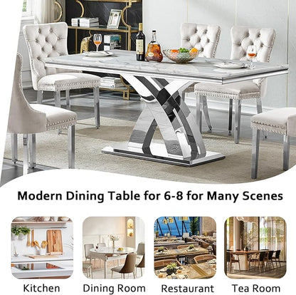 68" Faux Marble White Dining Table for 6-8, Modern Dining Room Table with 0.71" Marble Printing MDF Top and X-Shaped Silver Stainless Steel Base, Rectangle Kitchen Dinner Table