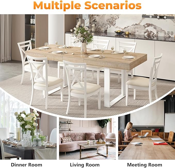 Zevemomo 63"-78.7" Expandable Dining Table, 6-10 Extendable Dining Table, Rectangle Conference Table, Farmhouse Kitchen Table with Slide Track, Tapered U-Shaped Wood Legs for Office, Living Room-Oak