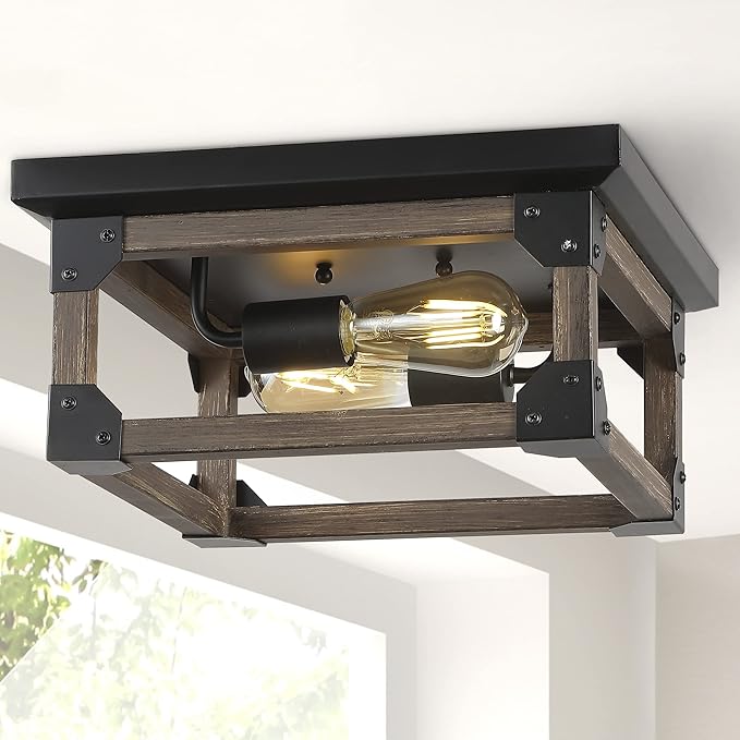 JONATHAN Y 13" Brown/Black 2-Light Iron Flush Mount, Square Open Frame Rustic Farmhouse Ceiling Light for Kitchen, Barnwood Finish, UL Listed, LED Bulbs Included JYL7480A
