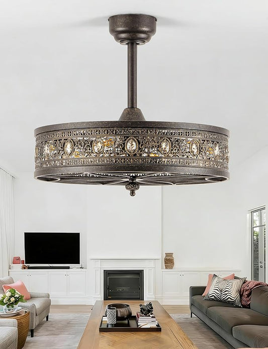 24 Inch Bronze Chandelier Ceiling Fan with Light,24" Antique Vintage Caged Bladeless Enclosed Fandelier,Victorian Classic Crystal Light Fixture,Hanging/Flush Mount for Bedroom,Dining Room,Living Room