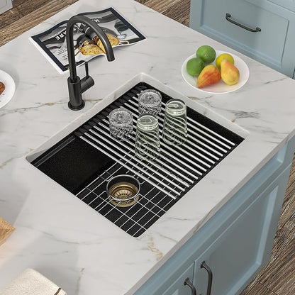 21 Undermount Bar Sink Workstation - Fulorni 21"x18" Undermount Wet Bar Sink Matte Black Granite Composite Quartz Classic Single Bowl Under Counter Small Kitchen Bar Prep RV Sink Basin