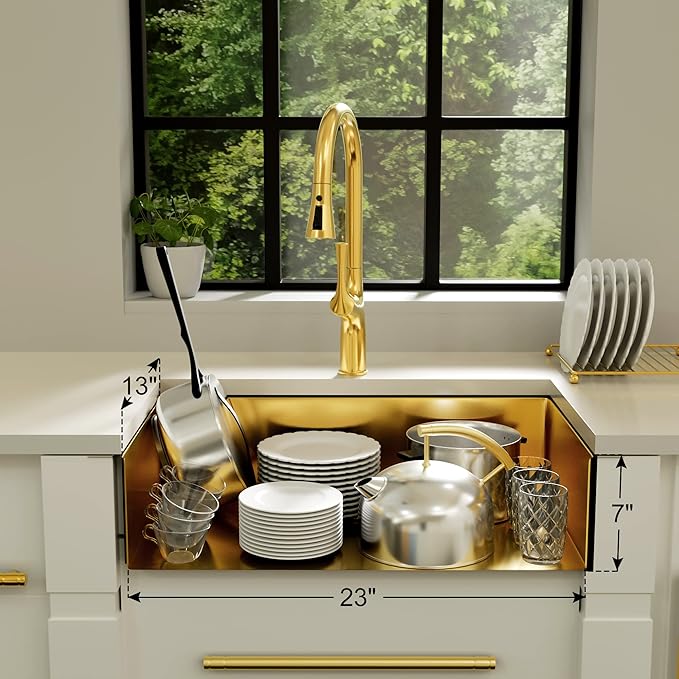 MILOSEN Gold RV Kitchen Sink, 25×15 inch 16 Gauge T304 Stainless Steel Undermount RV Sink with Basket Strainer, Gold Outdoor Camper Sinks, 7'' Depth Deep Single Bowl Laundry Basin