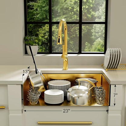 MILOSEN Gold RV Kitchen Sink, 25×15 inch 16 Gauge T304 Stainless Steel Undermount RV Sink with Basket Strainer, Gold Outdoor Camper Sinks, 7'' Depth Deep Single Bowl Laundry Basin