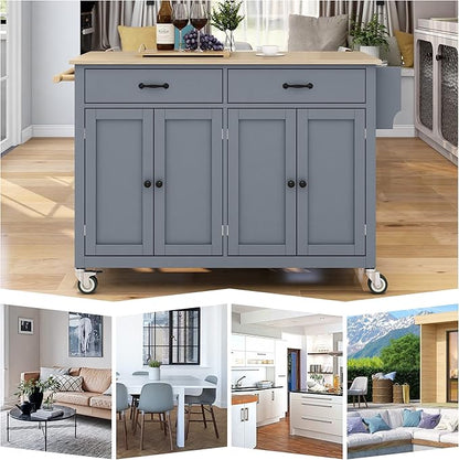 Favfurish Kitchen Island Cart on Locking Wheels with 4 Cabinet and 2 Drawers, Rolling Coffee Bar Trolley w/Solid Wood Tabletop, Adjustable Shelves, Spice & Towel Side Rack, for Dining Room, Gray