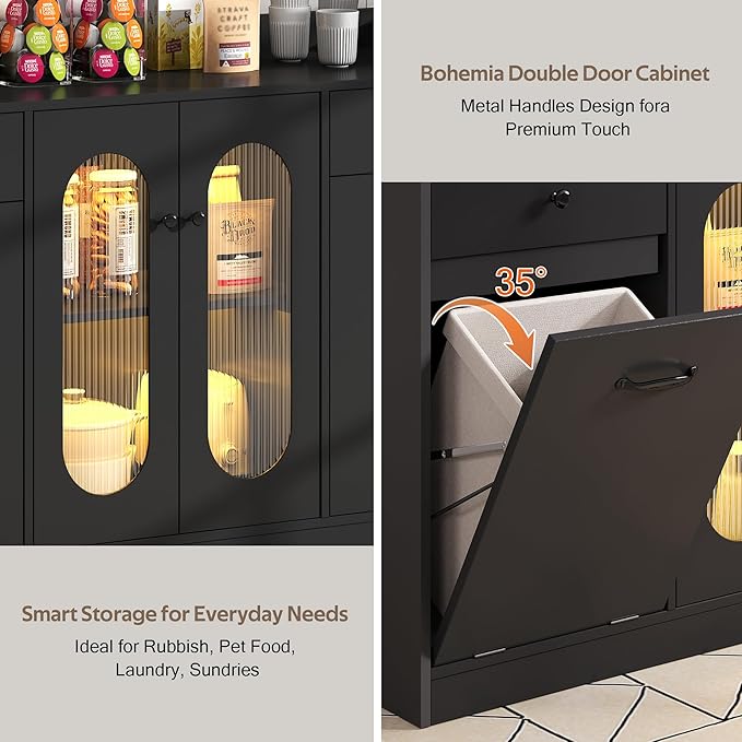 54" Farmhouse Sideboard Buffet Cabinet, Modern Credenza with LED Lights & Glass Doors, Black Credenza Storage & Kitchen Buffet with Countertop, 4 Doors 2 Shelves