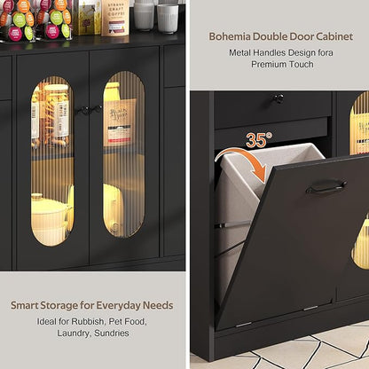 54" Farmhouse Sideboard Buffet Cabinet, Modern Credenza with LED Lights & Glass Doors, Black Credenza Storage & Kitchen Buffet with Countertop, 4 Doors 2 Shelves