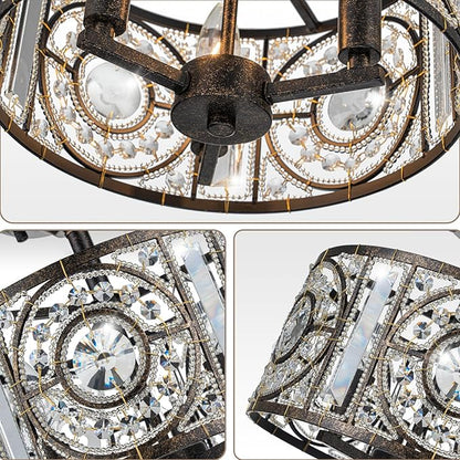 Vintage Crystal Drum Chandelier, 3-Lights Bronze Finish Retro Chandelier Lighting Fixtures, Semi Flush Mount Ceiling Light for Dining Room Living Room Bedroom Entryway Etc.