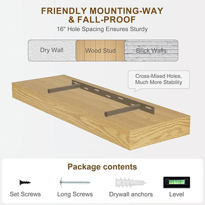 Fun Memories Floating Shelves for Wall, 48Inch Long Floating Shelves Set of 1, Hanging Shelf with Invisible Brackets, Wood Shelves for Living Room, Bedroom, Kitchen, Oak