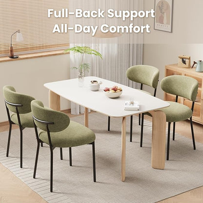 Upholstered Dining Chairs Set of 6, Modern Fabric Kitchen Chairs with Curved Backrest and Cushioned Seat, Sturdy Metal Legs, Comfortable Accent Chairs for Kitchen Dining Room, Living Room,Green